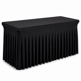 Black Fitted Table Skirt for 6FT Rectangular Tables, 72"L x 30"W x 29"H, Spandex Stretch Tablecloth