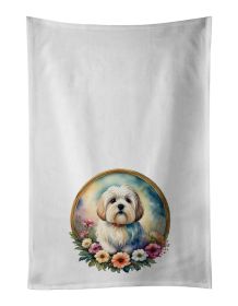 Coton De Tulear and Flowers Kitchen Towel Set of 2 White Dish Towels Decorative Bathroom Hand towel for Hand, Face, Hair, Yoga, Tea, Dishcloth