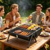 Outdoor Portable Charcoal Barbecue Grill, Dual Airflow Control Design, Includes Grill Grates & Wood Handle Skewers for Family Gathering Cooking