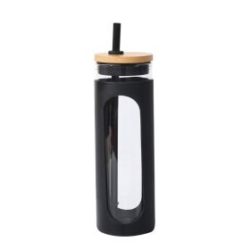 Glass Water Tumble Straw Silicone Bamboo Lids Iced Coffee Cup Bottle Reusable (Color: black, Capacity: 590ML)